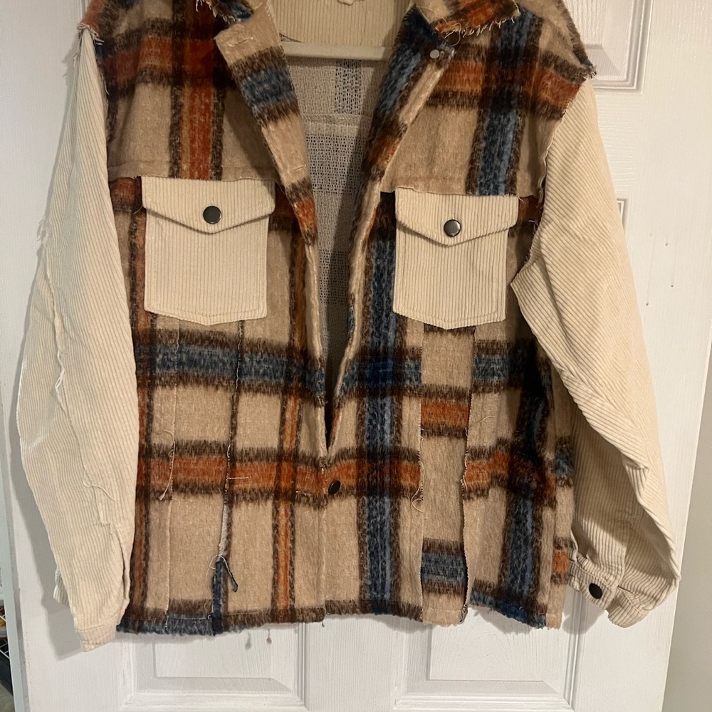 POL Cream and Blue Lightweight Shirt Jacket